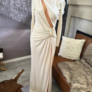 Elisabetta Franchi Beige Long Sleeve Gown Dress Crystal Buckle Size 6
